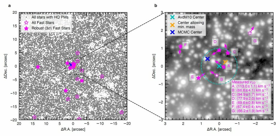 Häberle氏らの研究で発見された、ω星団の中心部分で高速で移動している星（ピンク色の星印）。左図が中心部分を含んだやや広い領域を示したもの。右図は中質量ブラックホールの周囲のみを拡大した図。（Credit: Häberle et al. 2024）