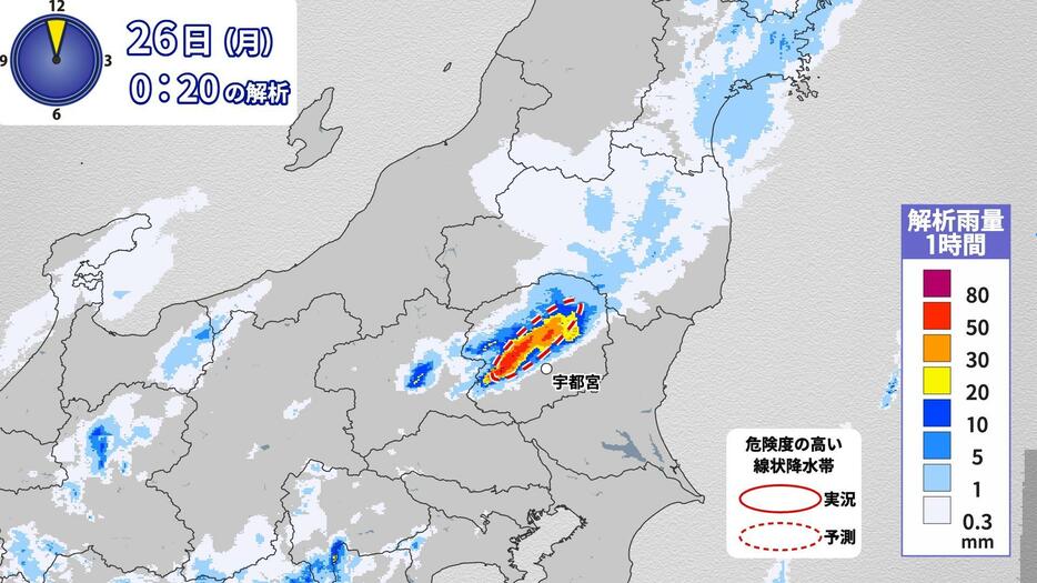 26日（月）午前0時20分までの3時間解析雨量