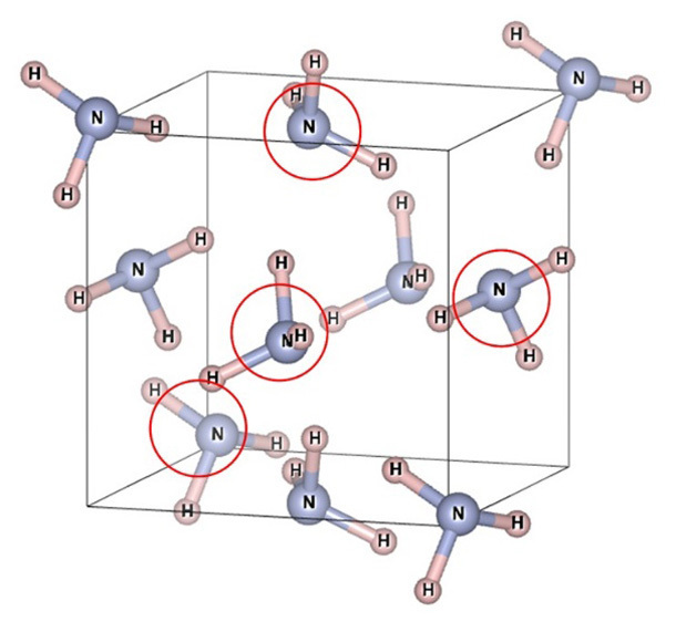アンモニア固体の結晶構造の模式図。窒素原子（N）に3個の水素原子（H）がつながったアンモニア分子（NH3）が4個で、結晶の単位を構成する。隣接する分子も描かれている（兵庫県立大学提供）