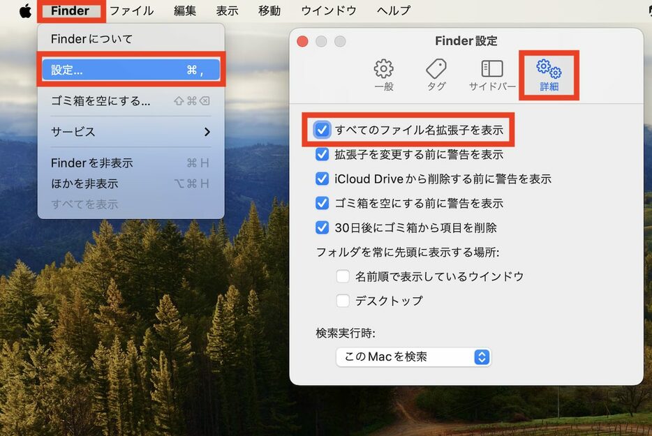 ▲デスクトップなどを選択した状態で、メニューバーの「Finder」→「設定…」→「詳細」→「すべてのファイル名拡張子を表示」をオン