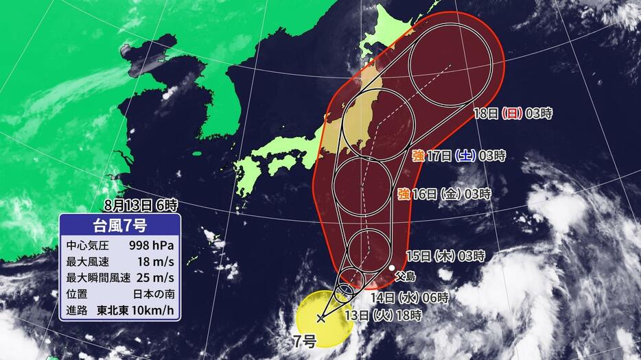 13日午前6時の台風7号の位置と進路予想