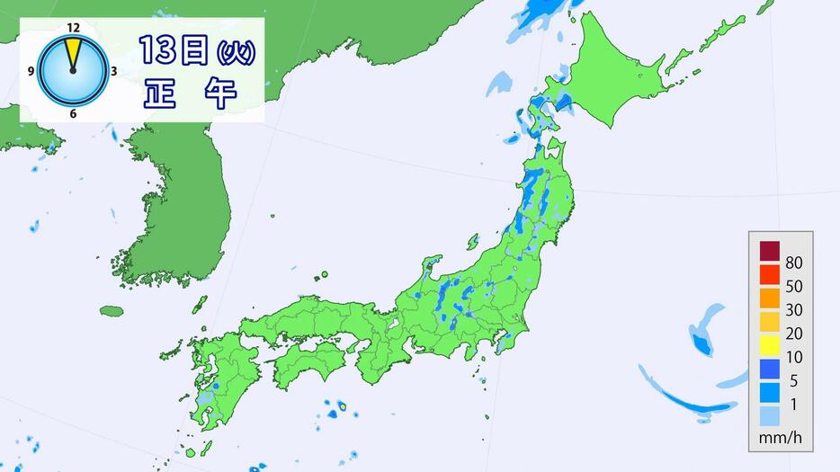 13日正午の雨の予想