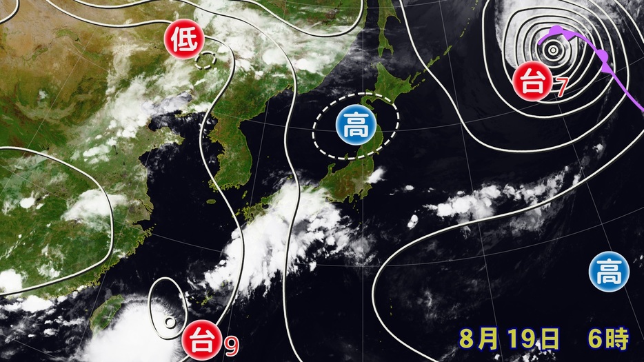 けさの天気図と雲画像