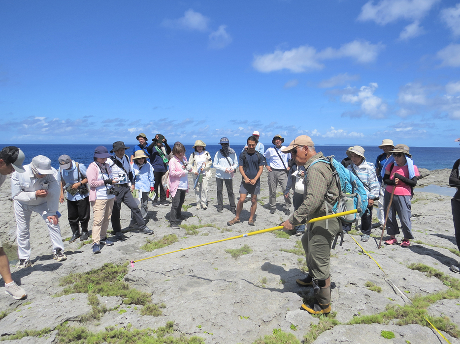 荒木中里遊歩道で植物群落の特徴を解説をする寺田仁志氏（手前）と参加者ら＝7月28日、鹿児島県喜界町