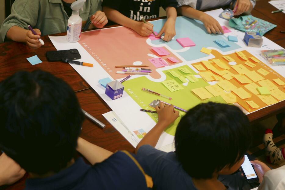 「＃逃げ活」に参加して自身の気持ちやエピソードを書き出す小学生ら＝7月27日、神奈川県藤沢市（いのち支える自殺対策推進センター提供）