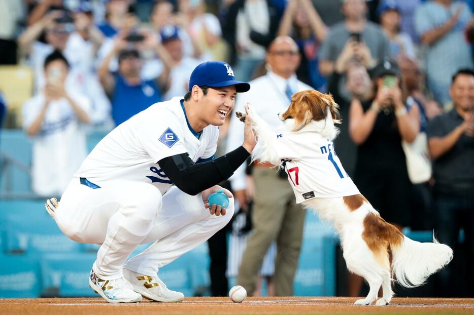 デコピン始球式で大谷が持っていたおやつ入れが話題沸騰だ(C)Getty Images