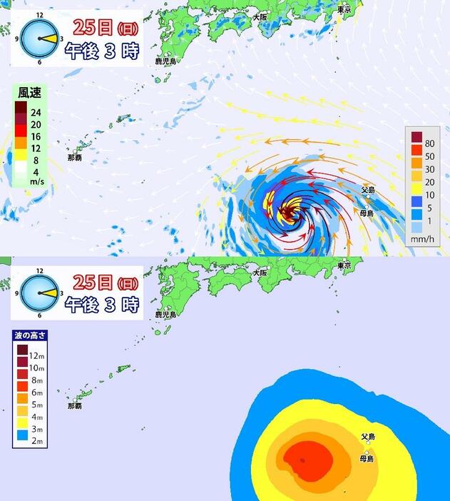 25日(日)午後3時の雨風と波の予想