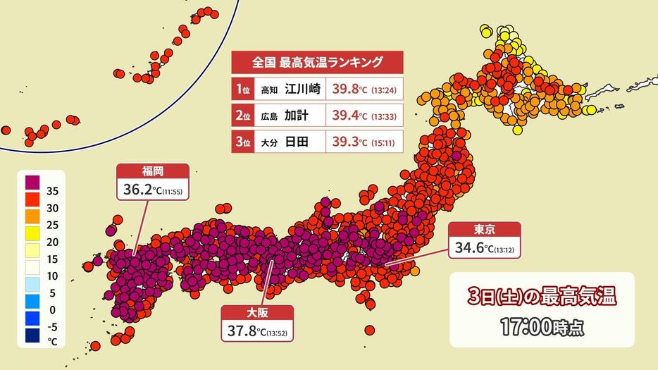 3日(土)の最高気温(午後5時まで)