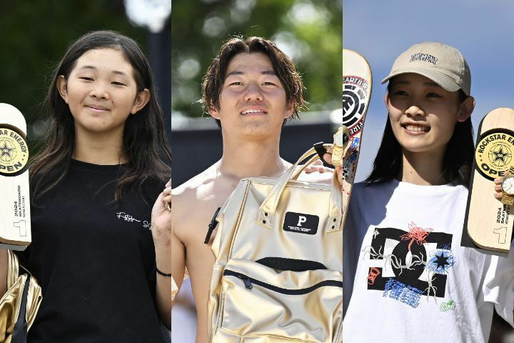 スケートボードの主要国際大会では、男子パークで日本人として初の優勝を果たした永原（中央）と女子パークで優勝の長谷川瑞穂（左）女子ストリートで１位の上村葵（右）。(C) Getty Images