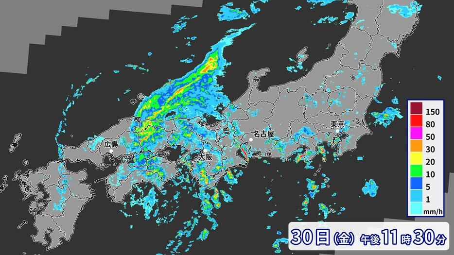 30日（金）午後11時30分の雨雲の様子。