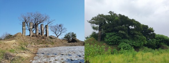 西帰浦市大静邑伊橋洞の日本軍の軍事施設跡が整備されず、風化しつつある。2017年と現在の様子=ホ・ホジュン記者