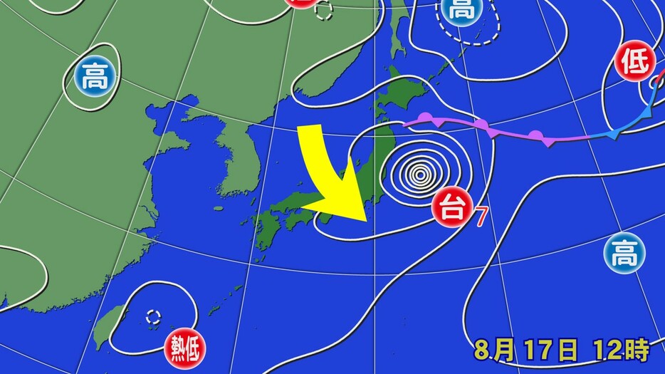 17日(土)正午の実況天気図