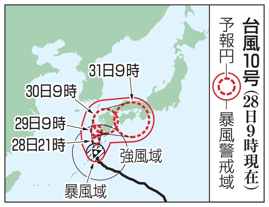 台風10号の予想進路（28日9時現在）