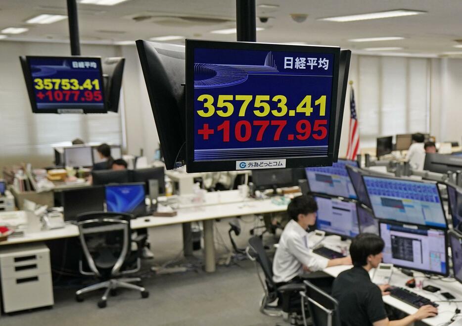 上げ幅が一時1000円を超えた日経平均株価を示すモニター＝7日午前、東京都港区の外為どっとコム