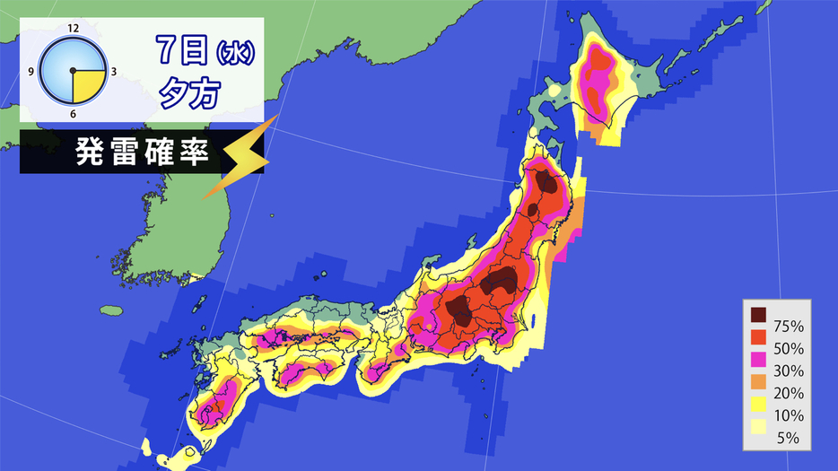 7日(水)夕方の発雷確率