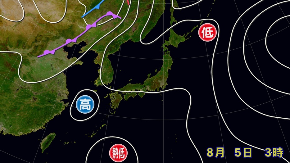 5日(月)午前3時の実況天気図