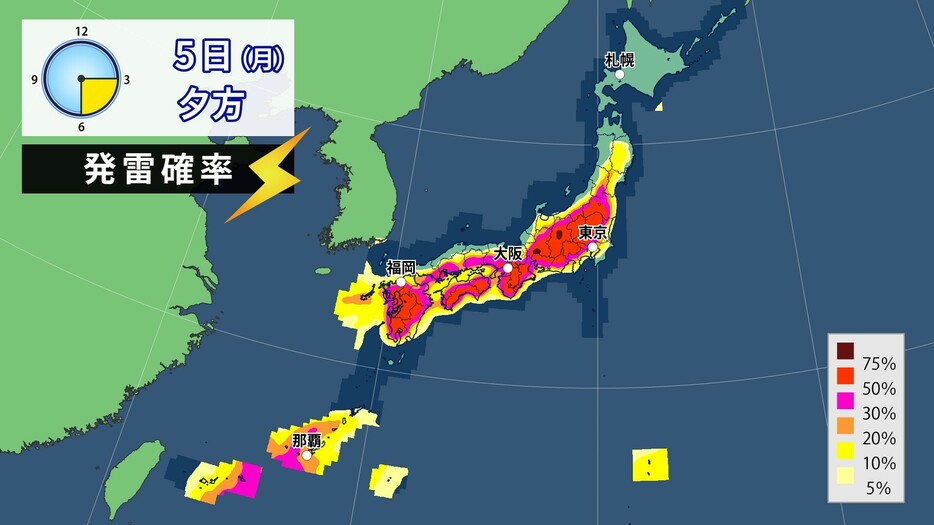 5日(月)夕方の発雷確率