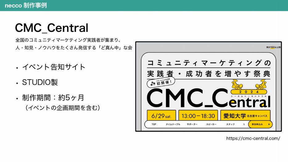 CMC_Centralのイベント告知サイトを「STUDIO」で作成した