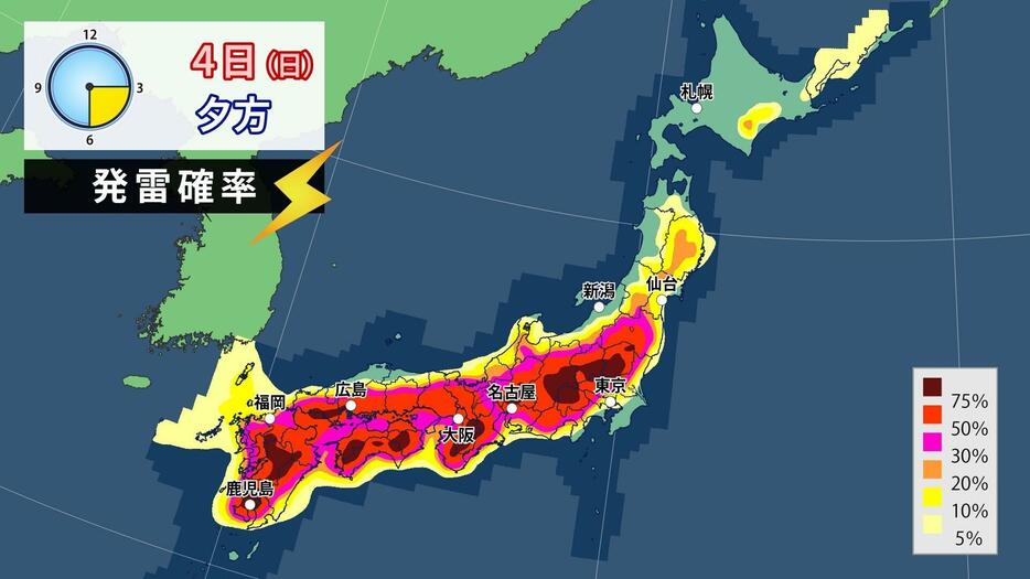 4日(日)夕方の発雷確率