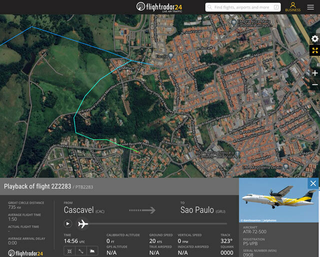 ブラジルのサンパウロ州ビニェドに墜落したカスカベル発サンパウロ（グアルーリョス）行き2Z2283便（Flightradar24から、実際の位置とは誤差がある場合があります）