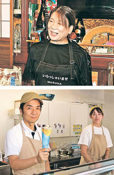 カラオケ酒場2代目ブービーで客と談笑する高橋さん（写真上）と、カフェ・ボンフィーノ宇奈月店でお薦めのクレープを手にする吉澤社長（写真下、左）