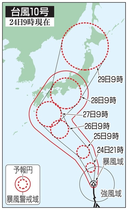 台風10号の5日先予想進路（24日9時現在）