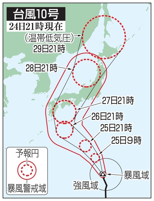 台風10号の5日先予想進路（24日21時現在）