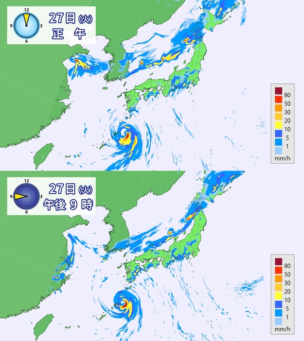 27日(火)正午と午後9時の雨の予想