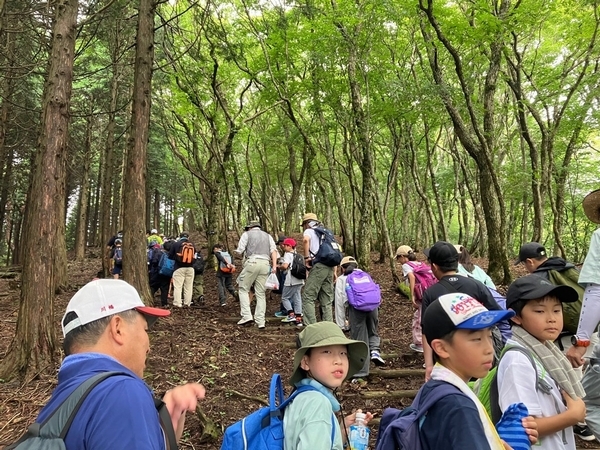 大江山を登る児童たち