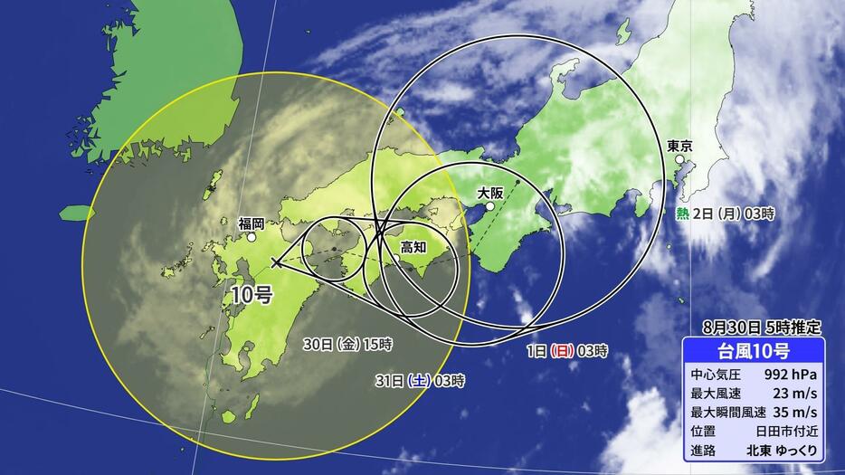 台風10号の予想進路と雲画像