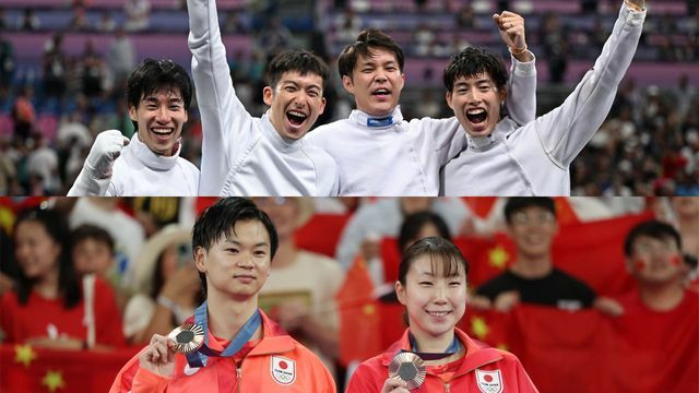 フェンシング男子エペ団体の日本代表とバドミントン混合ダブルスの渡辺勇大選手、東野有紗選手(写真：松尾/アフロスポーツ)(写真：新華社/アフロ)