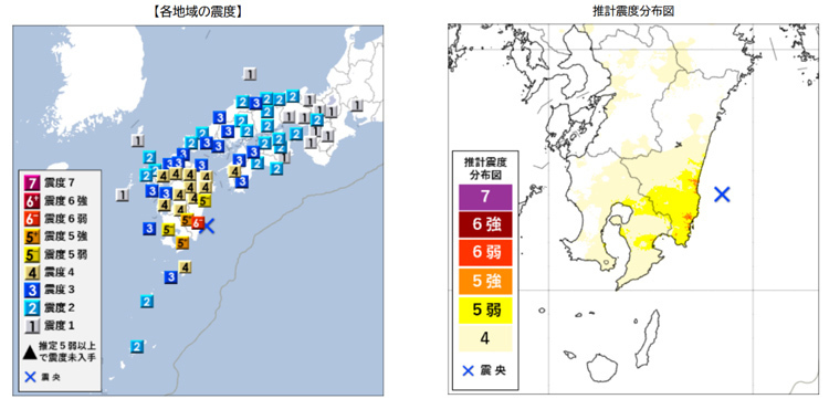 8日午後に発生した日向灘を震源とする地震の各地の震度（左）と震度分布図（気象庁提供）