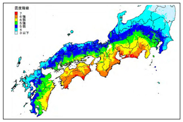 南海トラフ巨大地震で想定される各地の最大クラスの震度分布（気象庁提供）