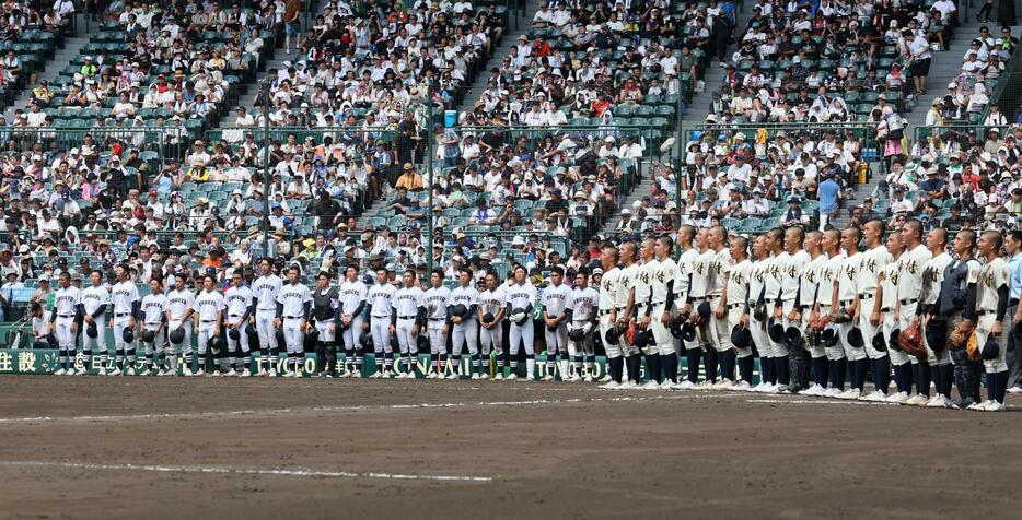 　神村学園に敗れ、ベンチ前に整列する中京大中京ナイン（撮影・山口登）