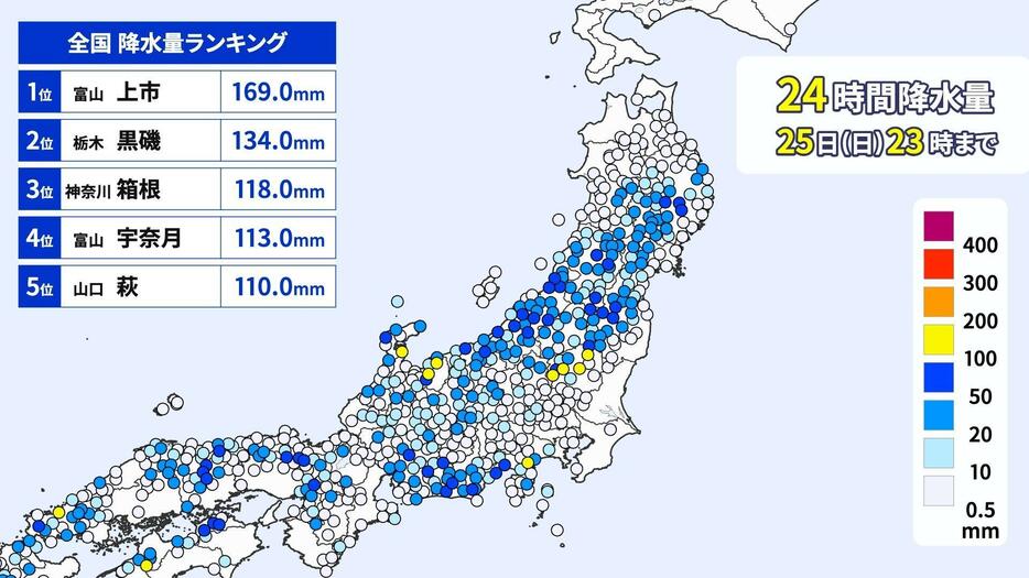 25日(日)午後11時までの24時間降水量