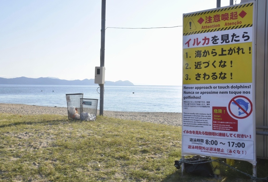 水晶浜海水浴場に設置されたイルカ被害への注意を促す看板＝7月21日、福井県美浜町