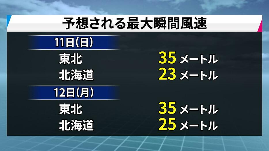 予想される最大瞬間風速