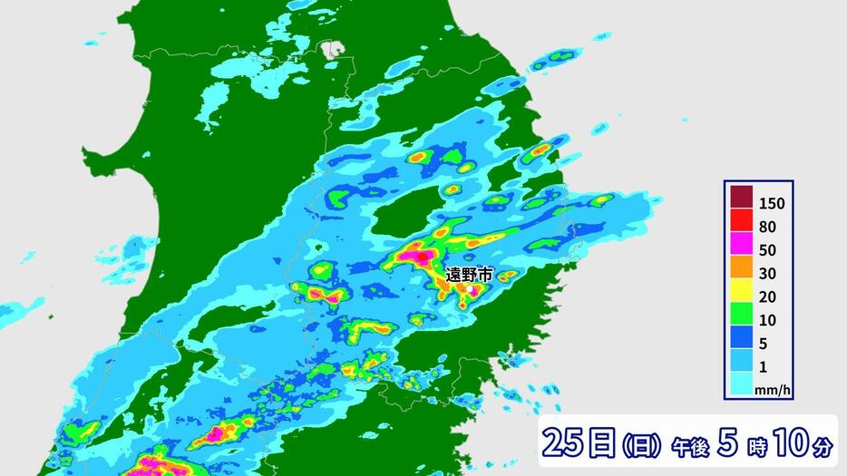 25日(日)午後5時10分の雨雲の様子