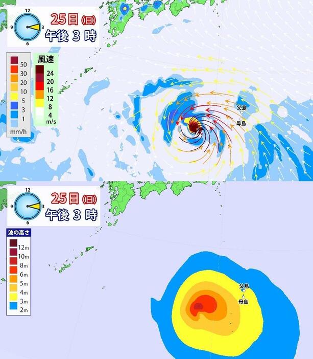 25日(日)午後3時の雨風と波の予想