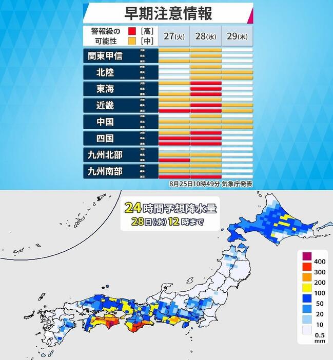 早期注意情報と28日(水)正午までの24時間雨量