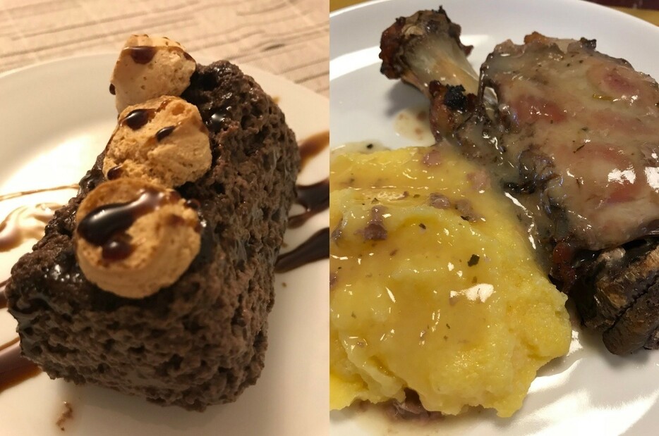 ▲ 左はボネというチョコレートプリン、右はポレンタとオーブン焼きのお肉料理 (両方ピエモンテ料理)