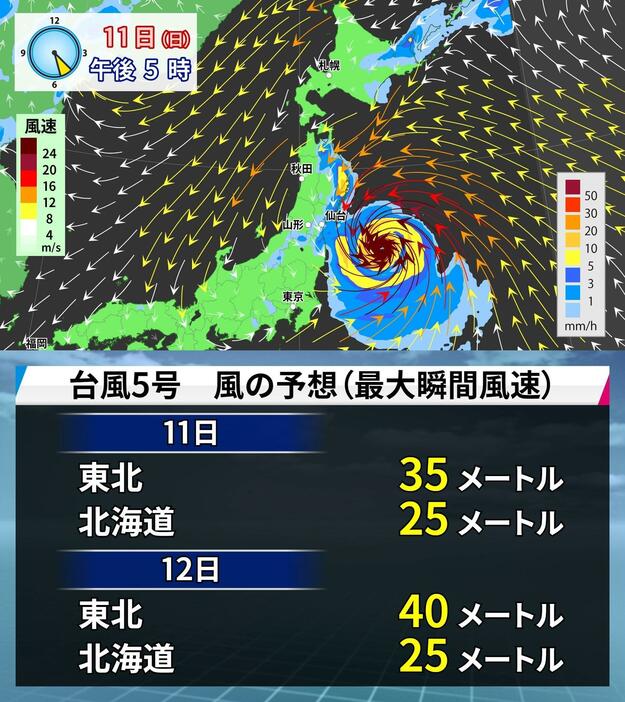 （上）11日（日）午後5時の雨と風の予想（下）予想される最大瞬間風速