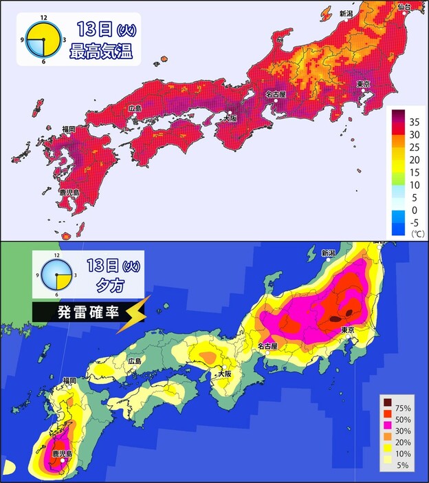 13日(火)の予想最高気温の分布と夕方の発雷確率