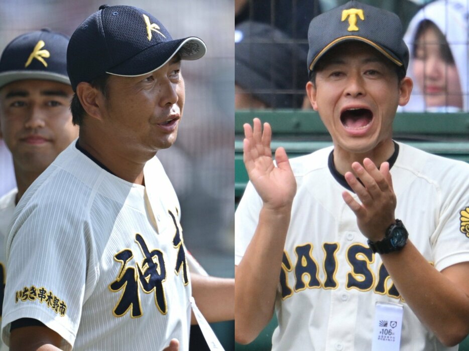 大社の石飛文太監督（右）や神村学園の小田大介監督（左）など、今夏の甲子園で躍進した若手監督たちには共通するある特徴が…？ photograph by Hideki Sugiyama