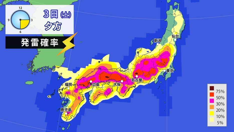 3日(土)夕方の発雷確率