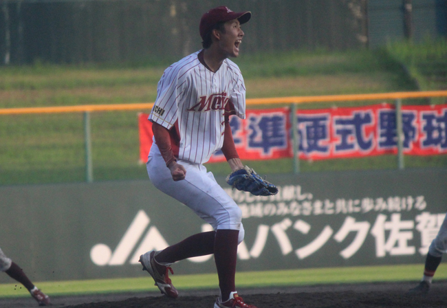 雄たけびを上げる名城大・石川 将汰投手（3年＝星城出身）