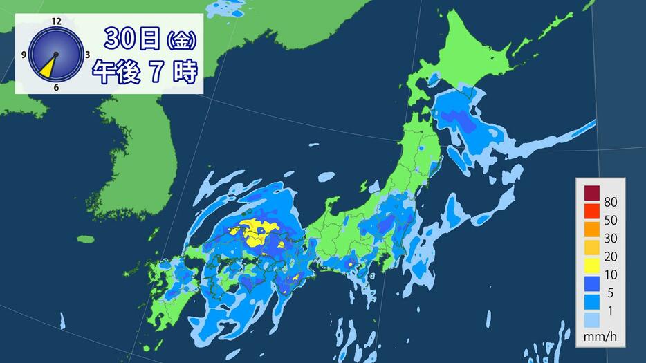 30日(金)午後7時の雨の予想