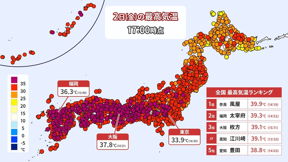 2日(金)の最高気温(午後5時まで)