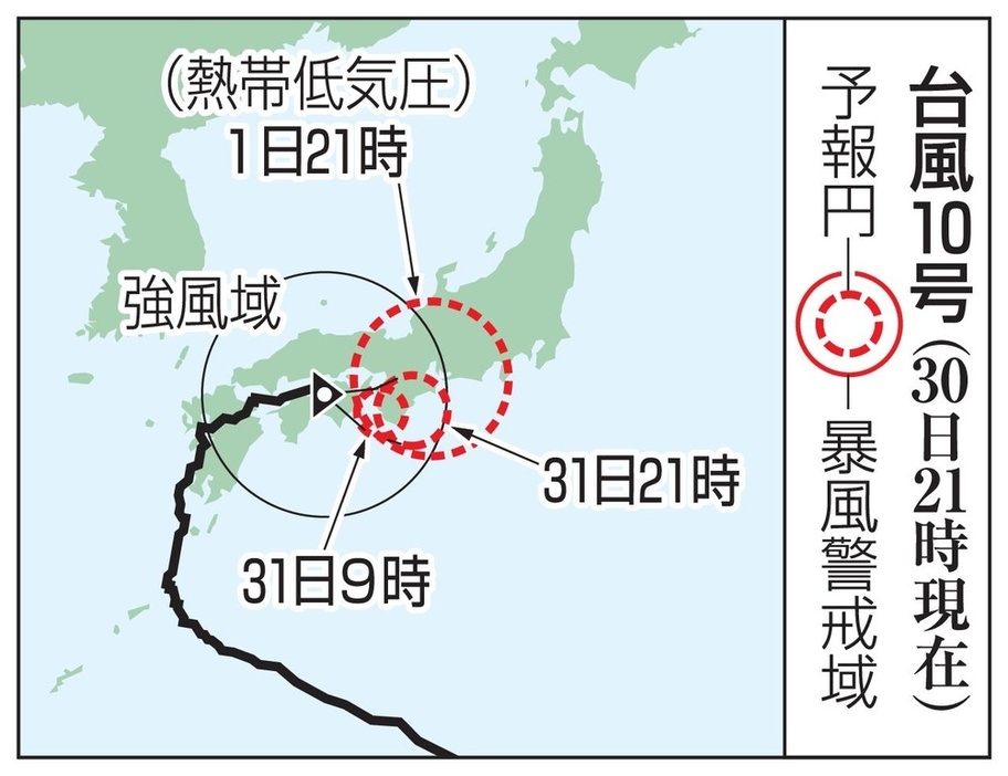 台風10号の予想進路（30日21時現在）