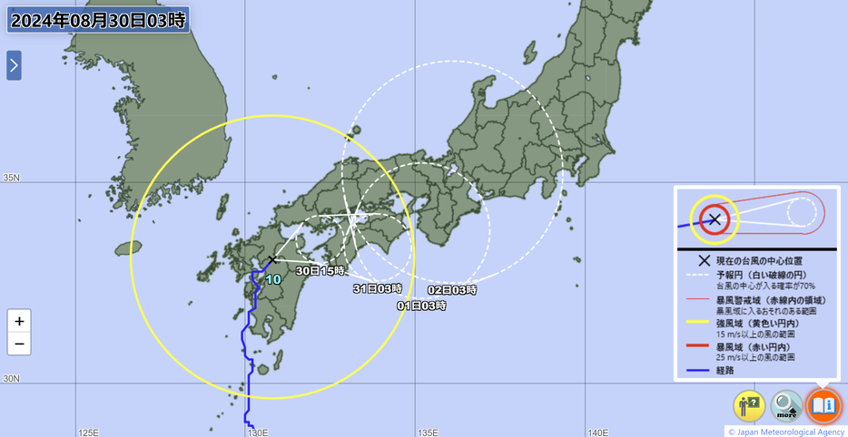 台風10号と、台風が今後低気圧に変わった場合も含めた予想進路＝気象庁のHPから